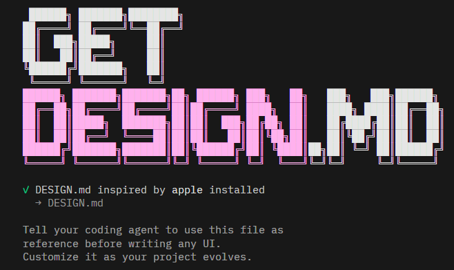getdesign 명령어 실행 결과 — DESIGN.md 설치 완료 메시지