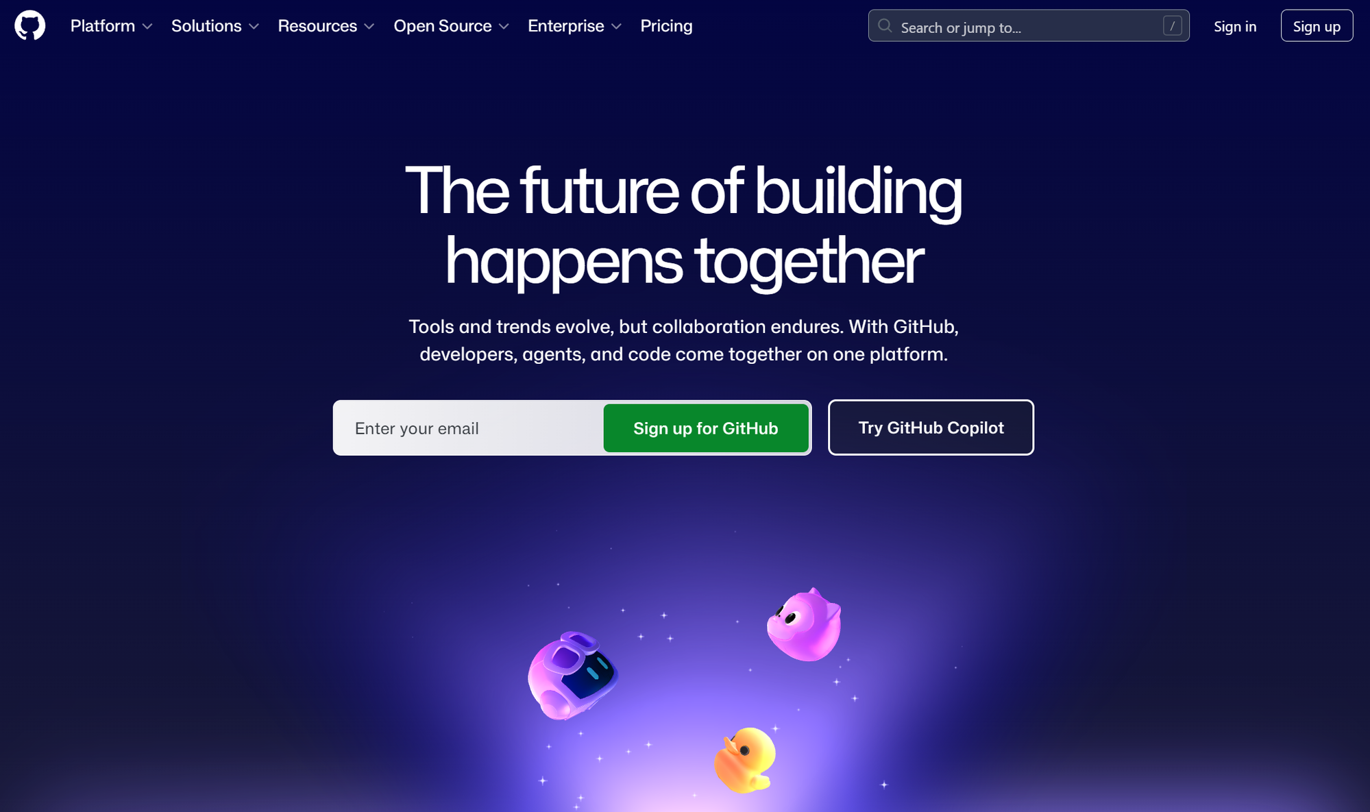 GitHub 메인 페이지 — Sign up 버튼을 눌러서 가입하세요