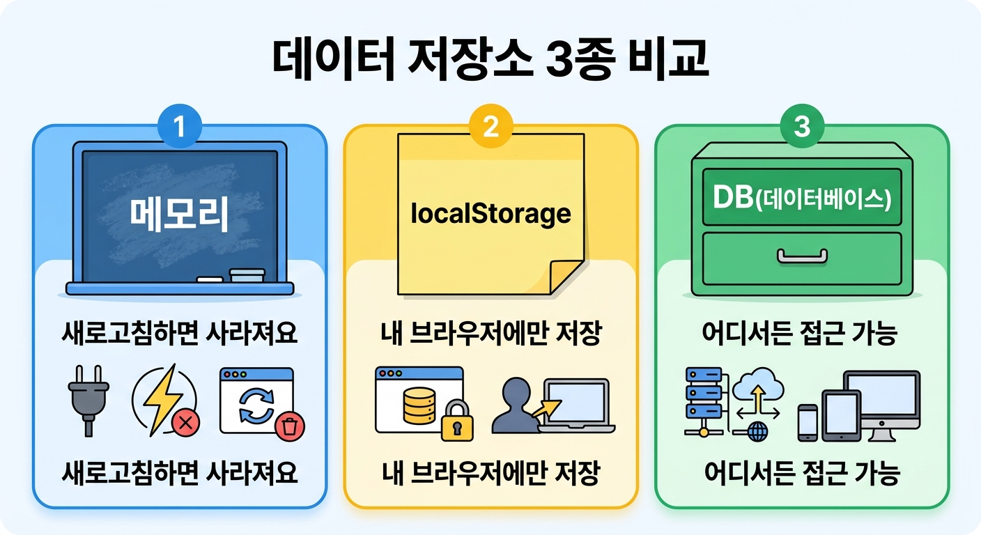 데이터 저장소 3종 비교 — 메모리(칠판), localStorage(포스트잇), DB(서류캐비닛)