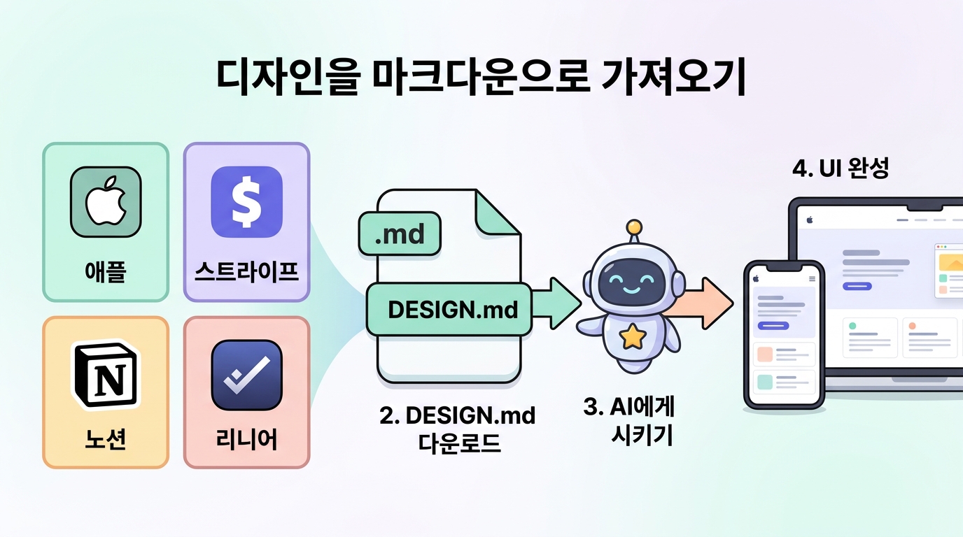 getdesign.md — 브랜드 디자인을 DESIGN.md 한 장으로 받아 AI에게 시키는 흐름도